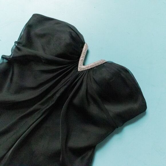 La Femme Black Silver Chiffon Layered Micro Mini Strapless Dress Size 4 #15853 - Picture 3 of 10